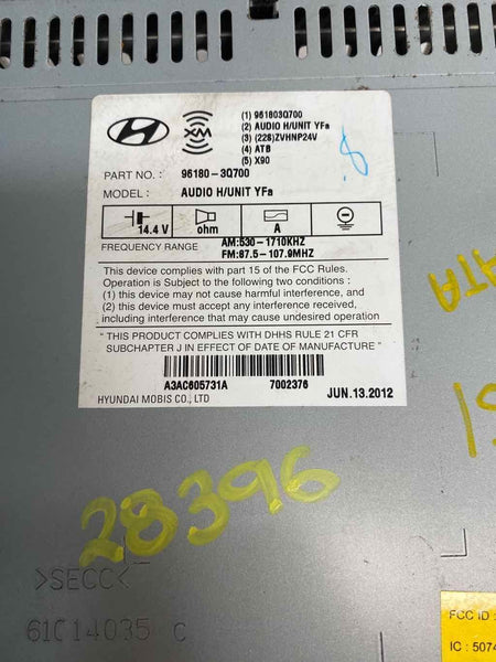 2012 2014 HYUNDAI SONATA RADIO RECEIVER ASSY OEM W/O NAVIGATION OEM 961803Q700
