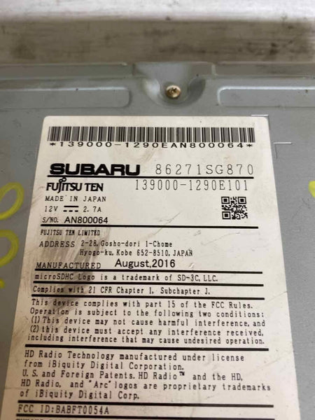 2017 SUBARU FORESTER RADIO DISPLAY & RECEIVER ASSY OEM 86271SG870