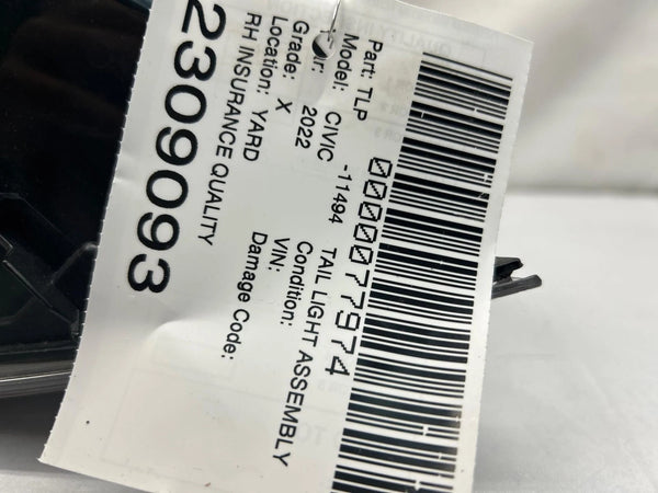 2022 TO 2024 HONDA CIVIC TAIL LIGHT QUARTER PANEL RIGHT SIDE SEDAN OEM 33500T20A01