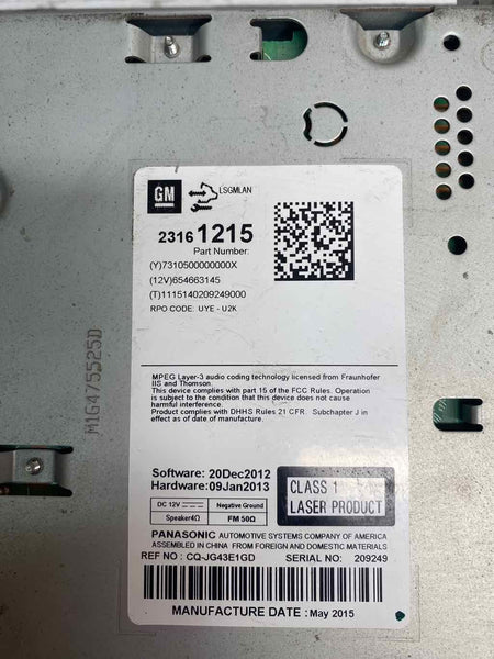 14 16 CHEVROLET MALIBU VIN 1 RADIO RECEIVER ASSY OEM 23161215