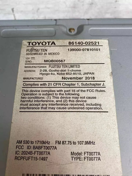 Radio AM/FM para Toyota Corolla 2017/19 con pantalla y receptor 8614002521 100639 RDO Face