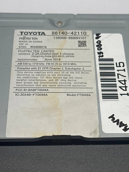 2016 TO 2018 TOYOTA RAV-4 RADIO AM FM DISPLAY SCREEN & RECEIVER ASSY OEM 8614042110