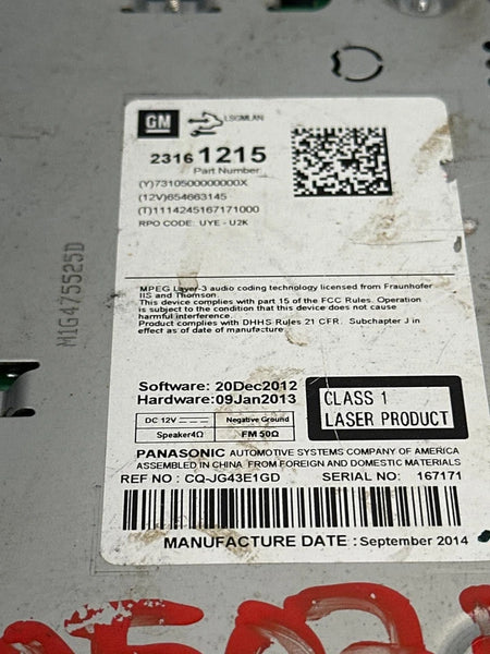 14 TO 16 CHEVROLET MALIBU RADIO AM FM RECEIVER ASSY OEM 23161215 AM FM SINGLE CD