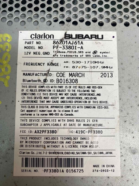 12 14 SUBARU LEGACY RADIO RECEIVER ASSY OEM 86201AJ61A