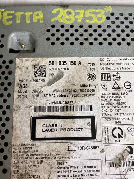 2017 VOLKSWAGEN JETTA NO GLI RÁDIO TELA DE EXIBIÇÃO E RECEPTOR ASSY OEM 561035150A