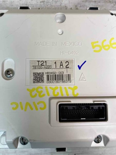 2022 HONDA CIVIC 1.5T VELOCÍMETRO CONJUNTO DE INSTRUMENTOS OEM ASSY 78100A2201A2